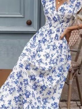 Blue Floral Smocked Waist Maxi Dress - Women's
